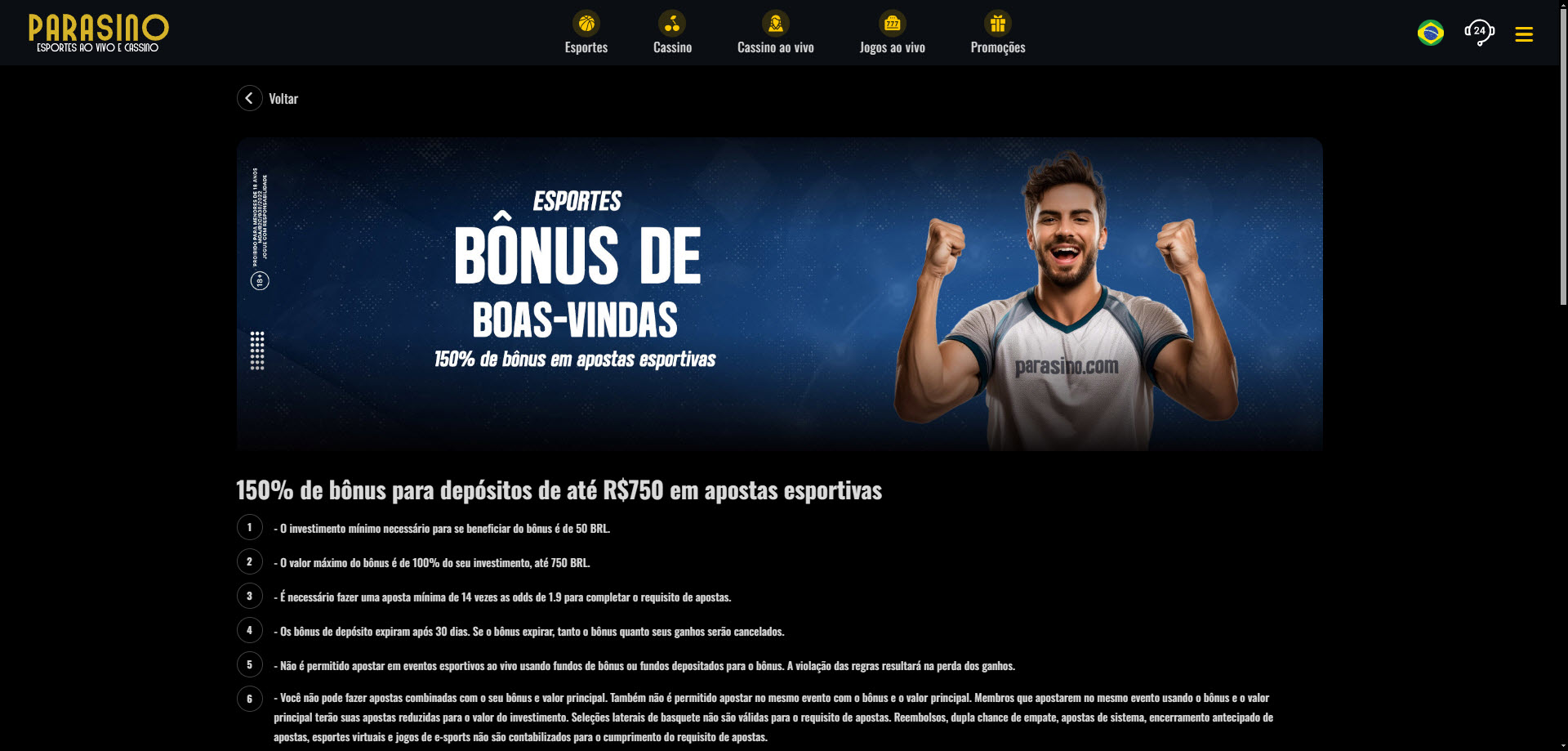 150% de bônus para depósitos de até R$750 em apostas esportivas